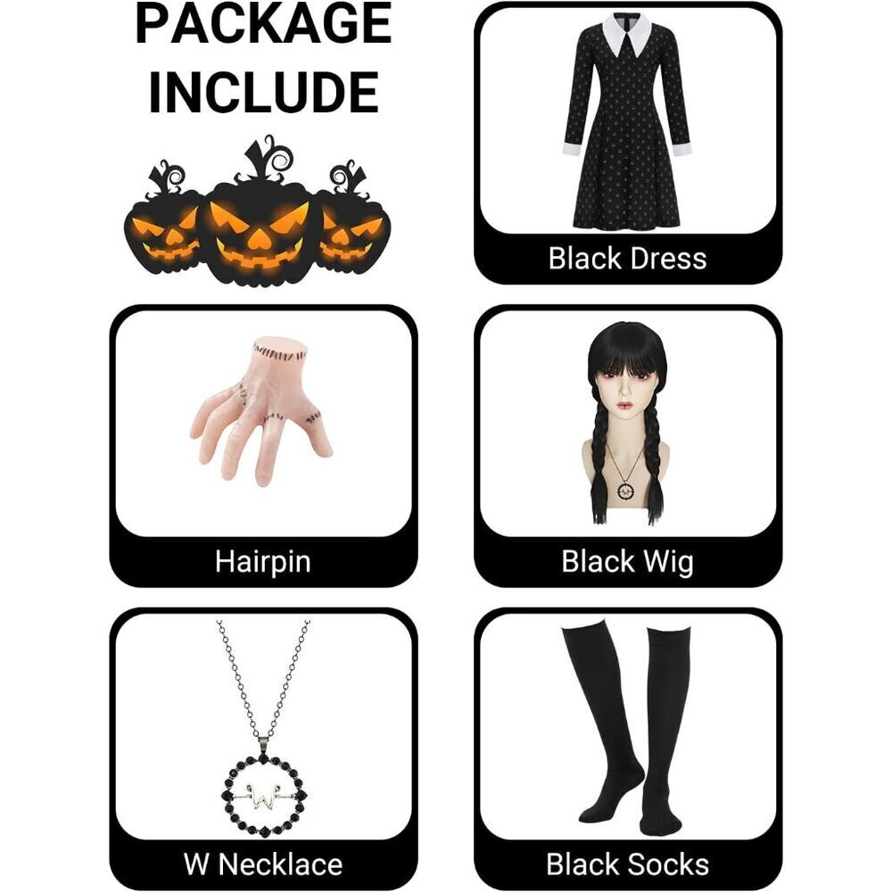 Women Girls Black Dress Halloween Costume Set Accessories Wig Necklace Socks - Picture 2 of 6